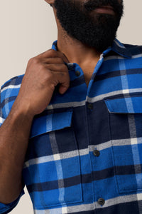Stadium Shirt Jacket | Brushed Flannel in color Blue Plaid by Good Man Brand, view 18