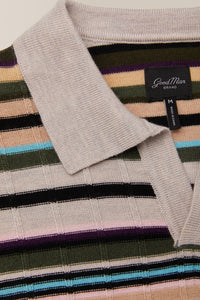 Knit Polo Sweater | Merino Wool in color Oatmeal Multi Stripe by Good Man Brand, view 3