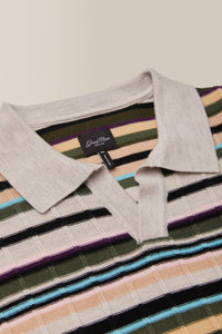Knit Polo Sweater | Merino Wool in color Oatmeal Multi Stripe by Good Man Brand, view 1