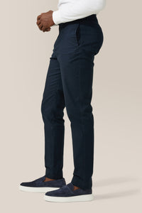 Model is wearing a size 4 Stanton Tapered-Leg Pant | Responsible Cotton Twill in color Sky Captain by Good Man Brand, view 4