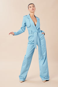 Maya is wearing a size S Trench Jumpsuit in Stretch Twill Cotton in color Artic Blue by LITA, view 15
