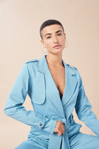 Maya is wearing a size S Trench Jumpsuit in Stretch Twill Cotton in color Artic Blue by LITA, view 16