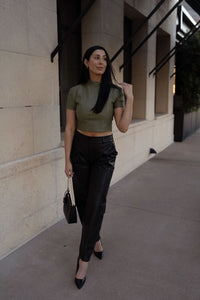 Aunjoli is wearing a size S Cropped Strong Shoulder Tee in Leather in color Olive by LITA, view 6