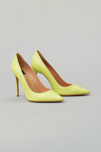 Solid Point Toe Pump in Leather in color Acid Lime by LITA, view 2