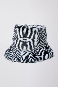 Bucket Hat in Printed Faux Fur in color White/black Abstract Safari by LITA, view 2