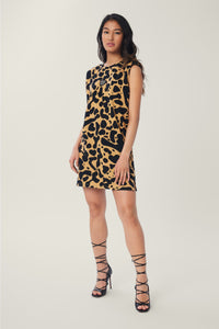 Annaly is wearing a size S Muscle Tee Dress in Printed Cotton in color Iced Coffee Large Cheetah by LITA, view 1