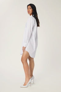 Annaly is wearing a size S Oversized Shirt Dress in Cotton in color White by LITA, view 14