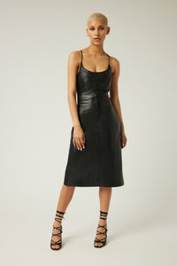 Bella is wearing a size XS Lace Back Leather Dress in color Black by LITA, view 1