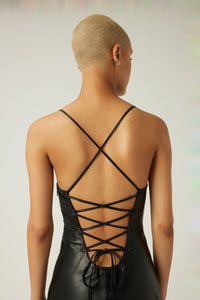 Bella is wearing a size XS Lace Back Leather Dress in color Black by LITA, view 5