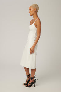 Bella is wearing a size XS Lace Back Leather Dress in color White by LITA, view 11