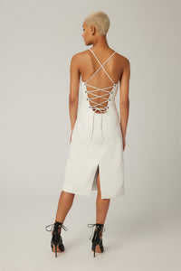 Bella is wearing a size XS Lace Back Leather Dress in color White by LITA, view 12