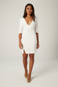 Krista is wearing a size M Sculptural Dress in Viscose Crepe in color Milk by LITA, view 9