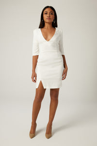 Krista is wearing a size M Sculptural Dress in Viscose Crepe in color Milk by LITA, view 10