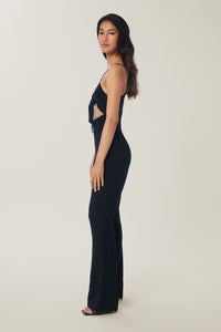 Annaly is wearing a size S New Tie-Front Solid Jumpsuit in Viscose Crepe in color Black by LITA, view 2