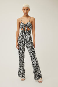 Bella is wearing a size S New Tie-Front Jumpsuit in Printed Viscose Crepe in color King Cheetah by LITA, view 1
