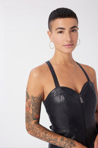 Maya is wearing a size S Spellbound Leather Jumpsuit in Leather in color Black by LITA, view 7
