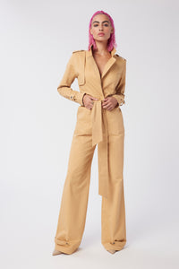 Cam is wearing a size S Trench Jumpsuit in Stretch Twill Cotton in color Doe by LITA, view 5