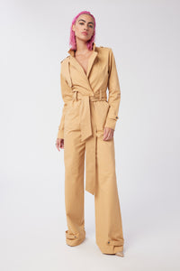 Cam is wearing a size S Trench Jumpsuit in Stretch Twill Cotton in color Doe by LITA, view 6