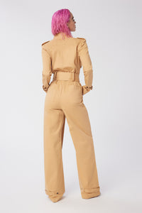 Cam is wearing a size S Trench Jumpsuit in Stretch Twill Cotton in color Doe by LITA, view 9