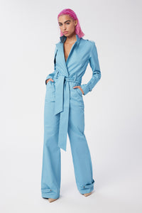 Cam is wearing a size S Trench Jumpsuit in Stretch Twill Cotton in color Artic Blue by LITA, view 10