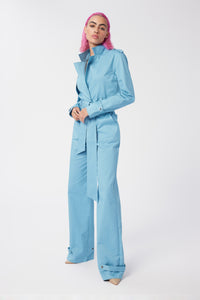 Cam is wearing a size S Trench Jumpsuit in Stretch Twill Cotton in color Artic Blue by LITA, view 11