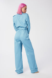 Cam is wearing a size S Trench Jumpsuit in Stretch Twill Cotton in color Artic Blue by LITA, view 13