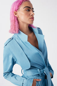 Cam is wearing a size S Trench Jumpsuit in Stretch Twill Cotton in color Artic Blue by LITA, view 14