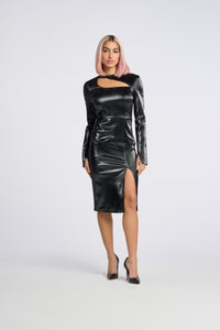Cam is wearing a size XS Sleek Cutout Midi Dress in Liquid Knit in color Black by LITA, view 1