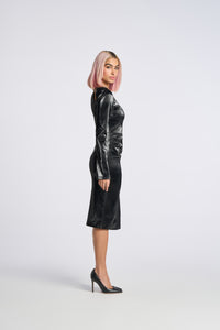 Cam is wearing a size XS Sleek Cutout Midi Dress in Liquid Knit in color Black by LITA, view 3