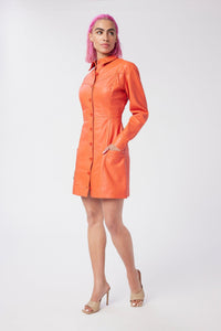 Cam is wearing a size S Button Front Dress in Leather in color Fiesta by LITA, view 1