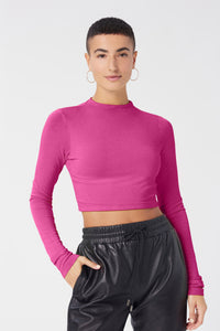 Maya is wearing a size S Young & Fun Long Sleeve Crop Mock Top in Rayon in color Pink by LITA, view 8