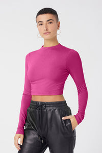Maya is wearing a size S Young & Fun Long Sleeve Crop Mock Top in Rayon in color Pink by LITA, view 9