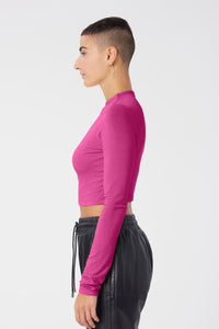 Maya is wearing a size S Young & Fun Long Sleeve Crop Mock Top in Rayon in color Pink by LITA, view 10