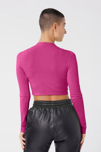 Maya is wearing a size S Young & Fun Long Sleeve Crop Mock Top in Rayon in color Pink by LITA, view 11