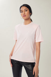 Annaly is wearing a size S Boxy Shoulder Pad Tee in Cotton in color Lotus by LITA, view 22