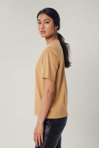 Annaly is wearing a size S Boxy Shoulder Pad Tee in Cotton in color Iced Coffee by LITA, view 14