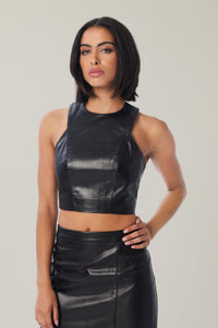 Cam is wearing a size M Seamed Leather Front Tank in color Black by LITA, view 1