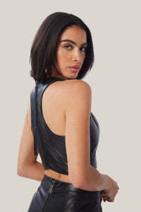 Cam is wearing a size M Seamed Leather Front Tank in color Black by LITA, view 4