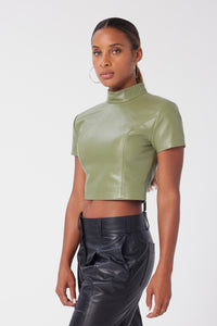 Aunjoli is wearing a size S Cropped Strong Shoulder Tee in Leather in color Olive by LITA, view 2