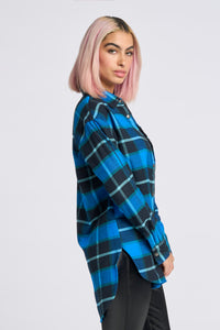 Cam is wearing a size XS Plaid Shirt in Brushed Cotton Flannel in color Princess Blue by LITA, view 3