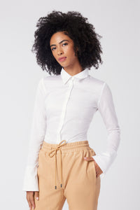 Imoni is wearing a size S Connection Woven Shirt in Cotton in color White by LITA, view 3