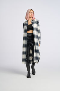 Cam is wearing a size XS Maxi Plaid Boyfriend Shirt in Brushed Cotton Flannel in color Black by LITA, view 1