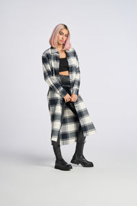 Cam is wearing a size XS Maxi Plaid Boyfriend Shirt in Brushed Cotton Flannel in color Black by LITA, view 2