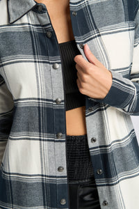 Cam is wearing a size XS Maxi Plaid Boyfriend Shirt in Brushed Cotton Flannel in color Black by LITA, view 5