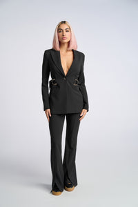 Cam is wearing a size XS D-Ring Blazer in Crepe Georgette in color Black by LITA, view 14