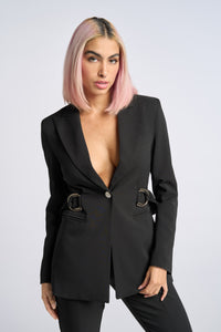 Cam is wearing a size XS D-Ring Blazer in Crepe Georgette in color Black by LITA, view 10