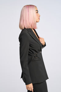 Cam is wearing a size XS D-Ring Blazer in Crepe Georgette in color Black by LITA, view 12