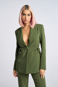 Cam is wearing a size XS D-Ring Blazer in Crepe Georgette in color Olive by LITA, view 15