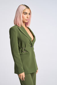 Cam is wearing a size XS D-Ring Blazer in Crepe Georgette in color Olive by LITA, view 16