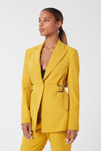 Aunjoli is wearing a size S D-Ring Blazer in Crepe Georgette in color Saffron by LITA, view 2